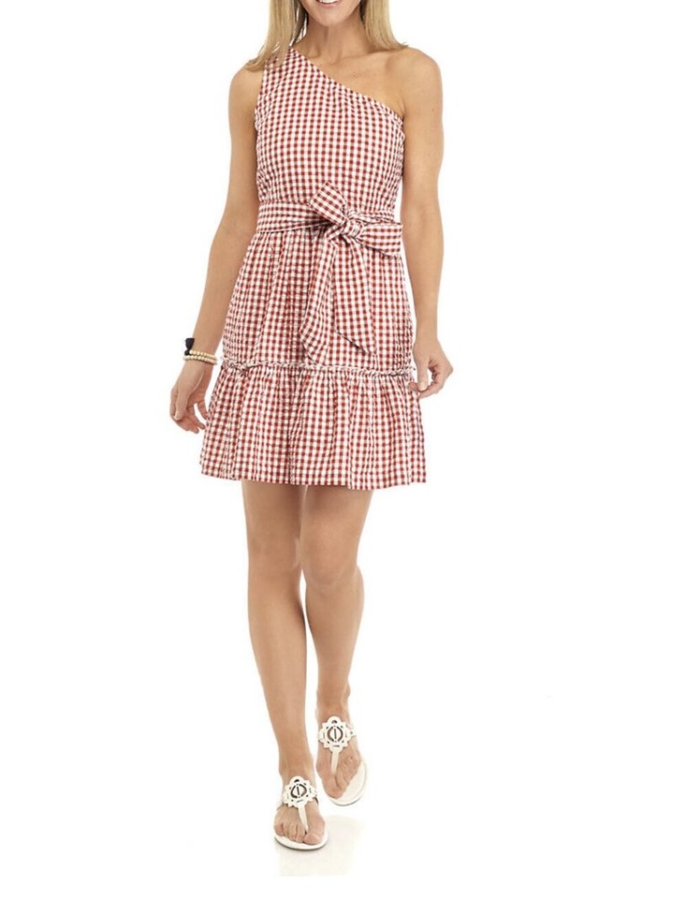 NWT Women's Crown & Ivy One Shoulder Gingham Yarn Dyed Dress in Rust Sz 14